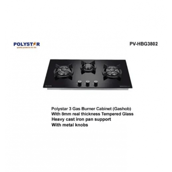 Polystar 3 Burner Tempered Glass Hob | PV-HBG3802 Cooktops, Range Hoood, and Oven image