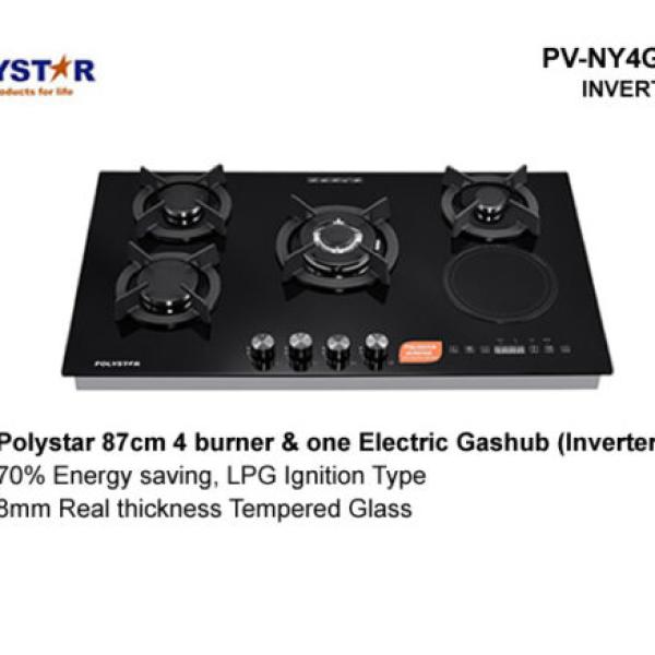 POLYSTAR 87CM 4+1 TEMPERED GLASS (INVERTER) BUILT IN GAS HUB