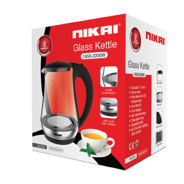 Nikai  Glass Pot Kettle 1.7L, Auto shut off, On/Off switch, indicator, 1850-2200W - NK323G