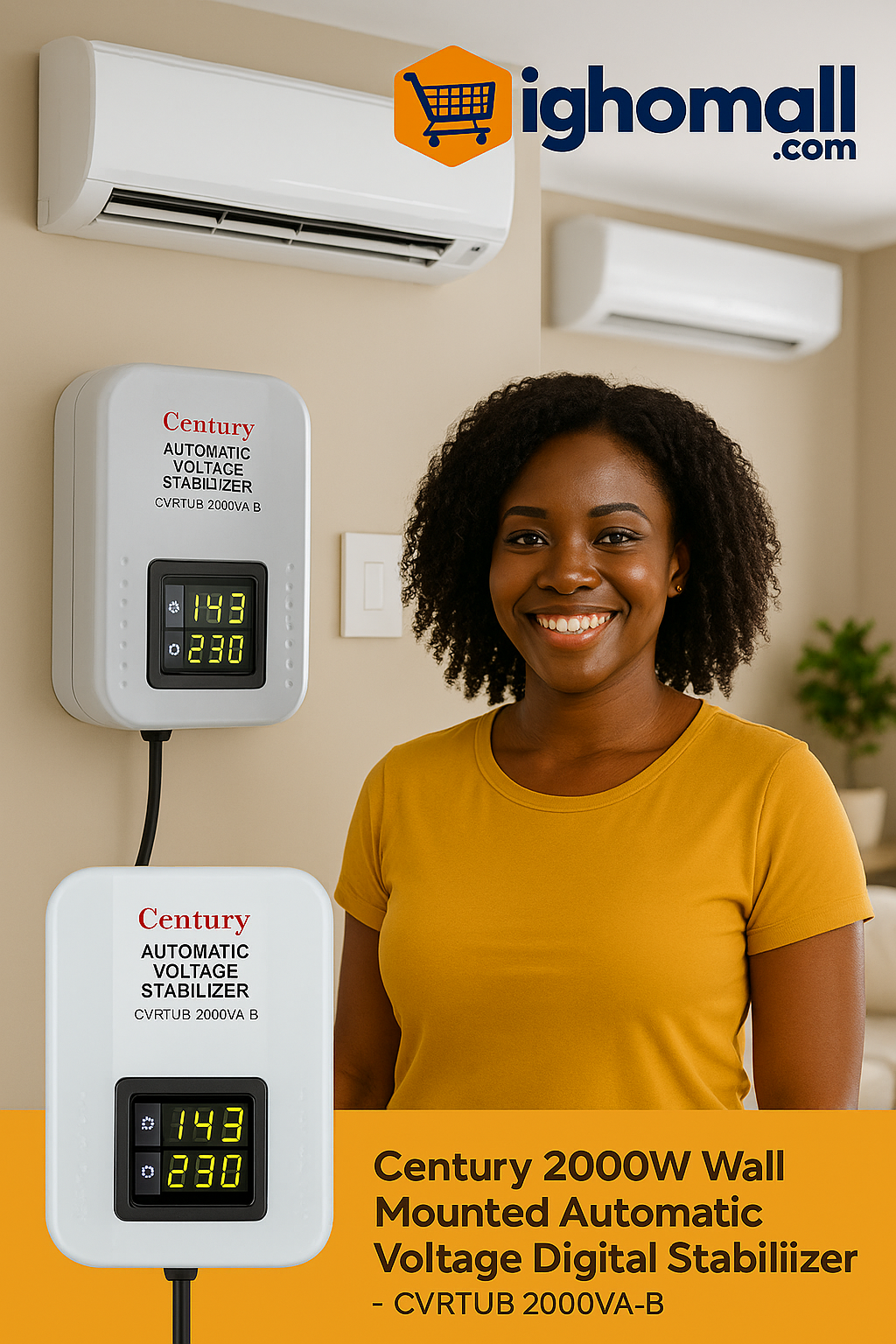 Century 2000W Wall Mounted Automatic Voltage Digital Stabilizer - CVRTUB 2000VA-B.-1
