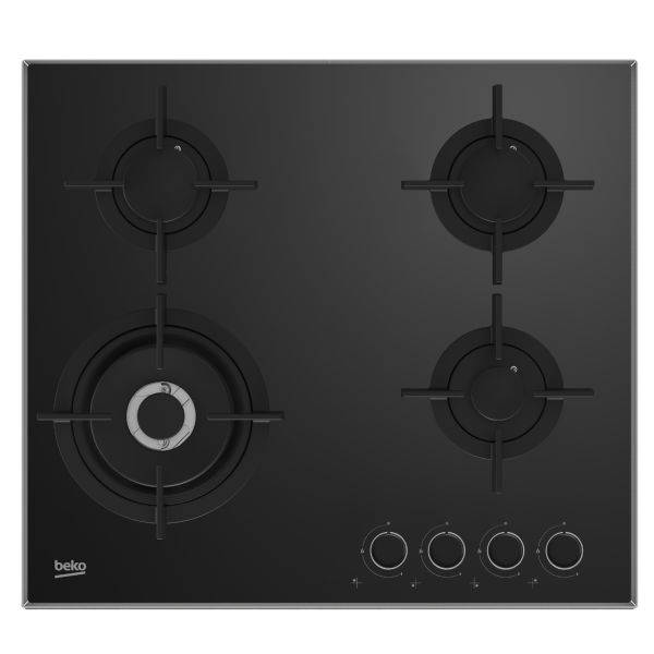Beko 60CM Black Glass Gas Hob with 3 Gas Burners and 1 Wok Burner - HCLW64222S