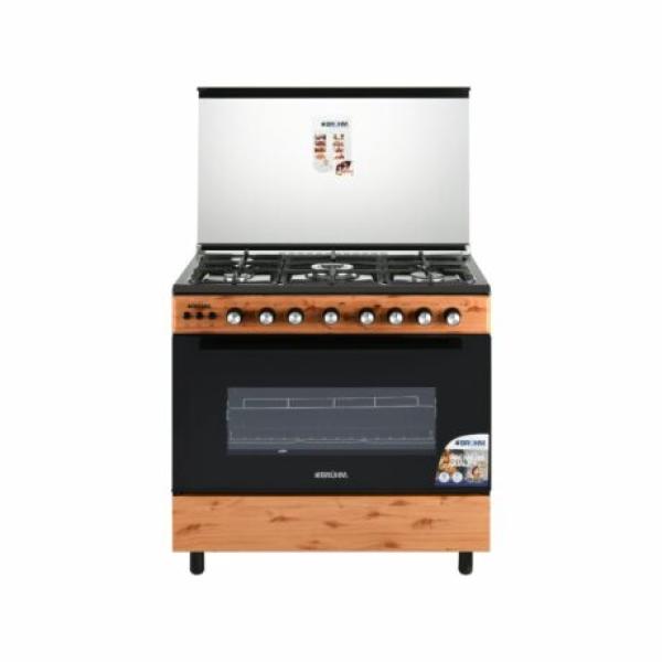 BRUHM 90 x 60 Gas cooker, 5 Burner With Oven - BGC-9650IN - Wooden Finish