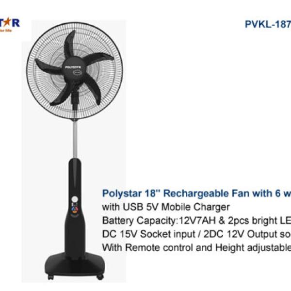 POLYSTAR 18″ RECHARGEABLE STANDING FAN – PVKL-1878BUSB
